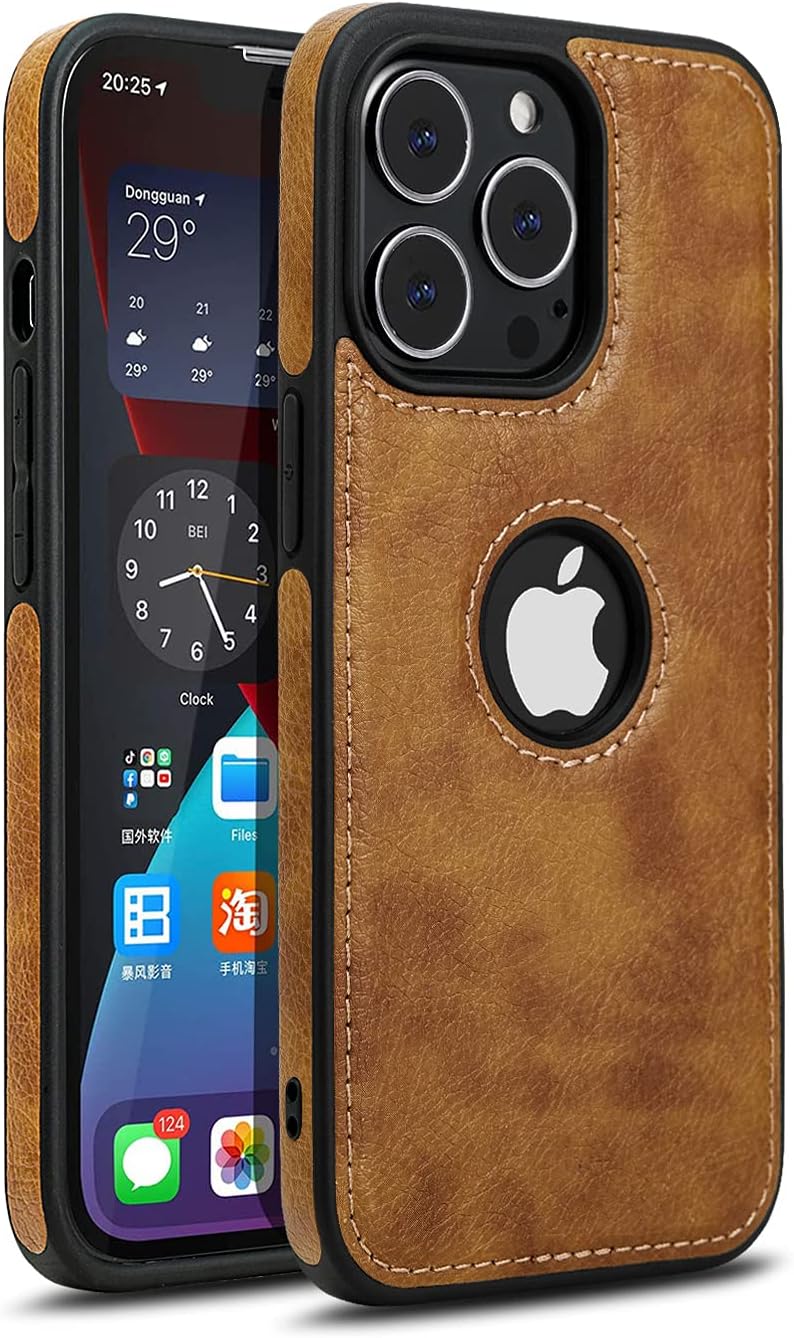 Unique Design Luxury Leather Business Phone Case for iPhone 13 Pro Anti-Slip Scratch Resistant Ultra Slim Protective Case (2021,6.1) (Brown)