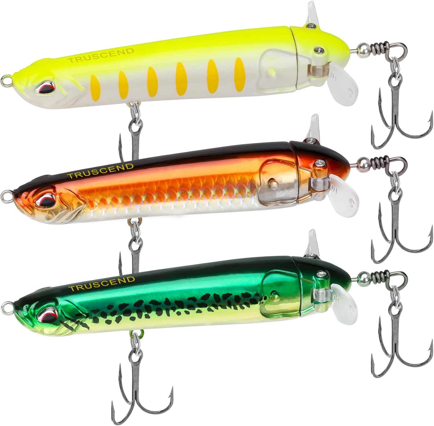 TRUSCEND Topwater Fishing Lures with BKK Hooks, Pencil Plopper Fishing Lures for Bass Catfish Pike Perch, Top Water Bass Bait Lure with Propeller Tail, Pencil Floating Lure