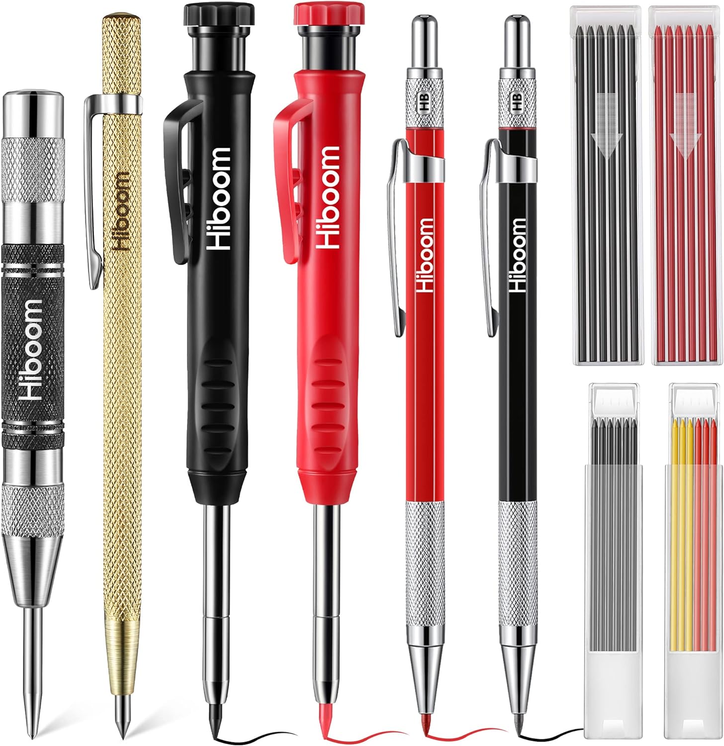 Hiboom 10 Pack Carpenter Pencil Set, 4 Colorful Solid Carpenter Pencils with Sharpener and Refills, Automatic Center Punch, Carbide Scribe Tool Kit for Construction Woodworking