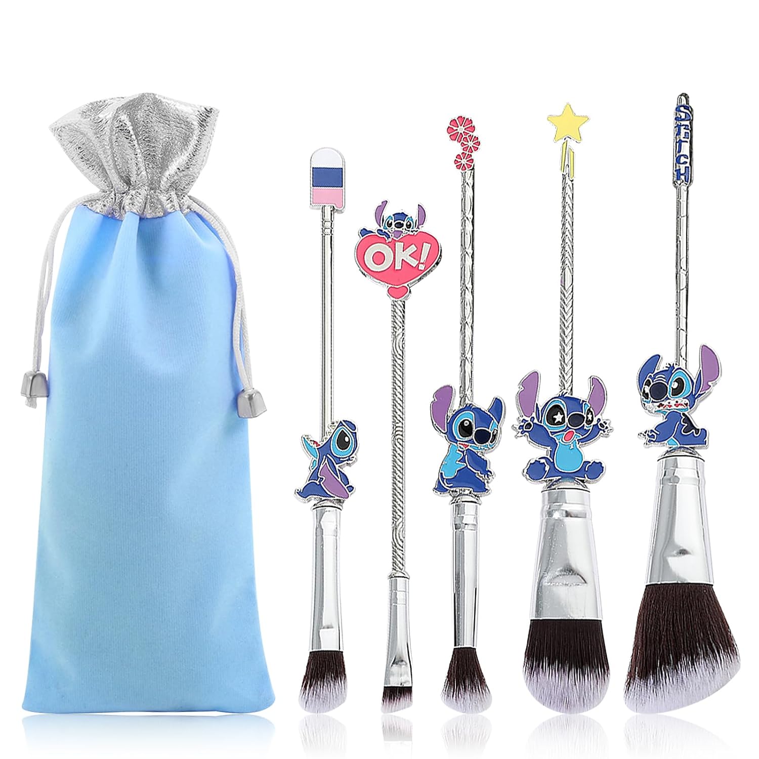 WeChip Anime Stitch Make Up Brush Set Collection, Stitch Gifts for Girls Women - 5pcs Blue