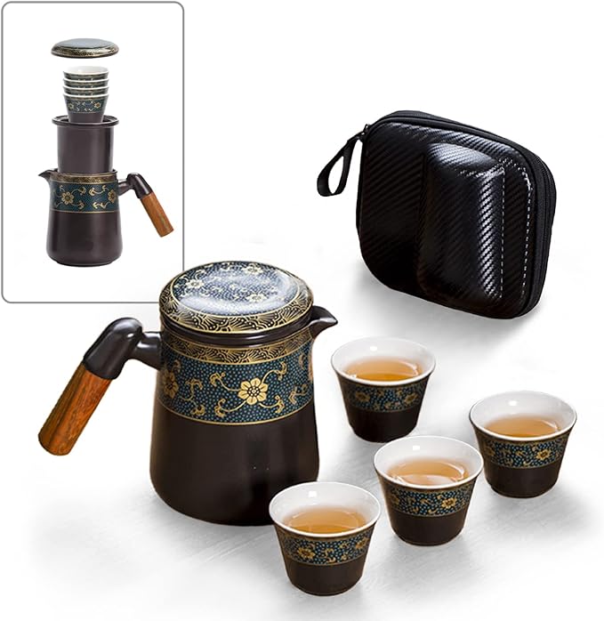 fanquare Black Gongfu Tea Set Travel, Chinese Kung Fu Tea Set with Gold Trim, Porcelain Tea Set with Portable Bag