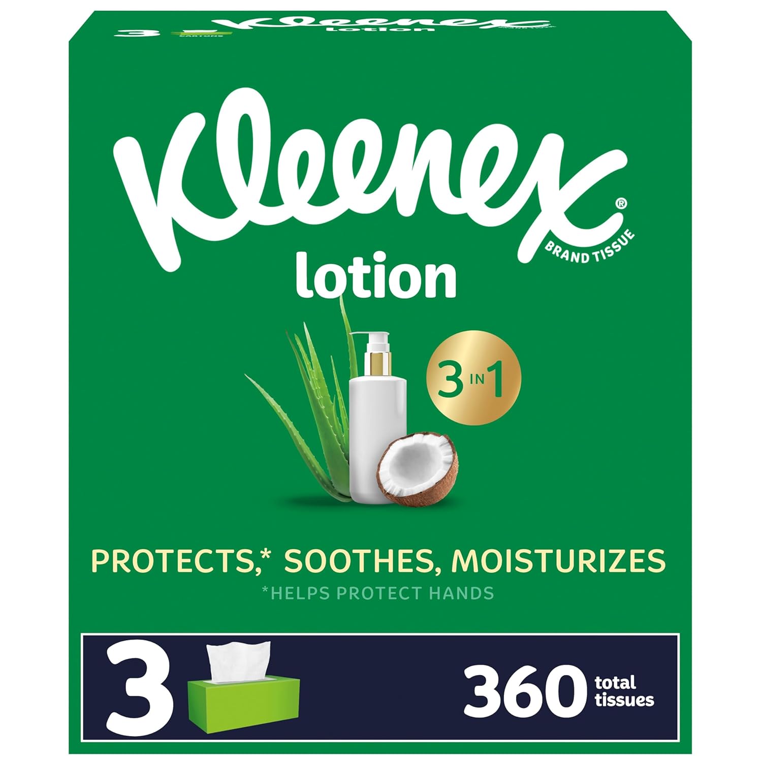 Kleenex Lotion Facial Tissues with Coconut Oil, 3 Flat Boxes, 120 Tissues Per Box, 3-Ply