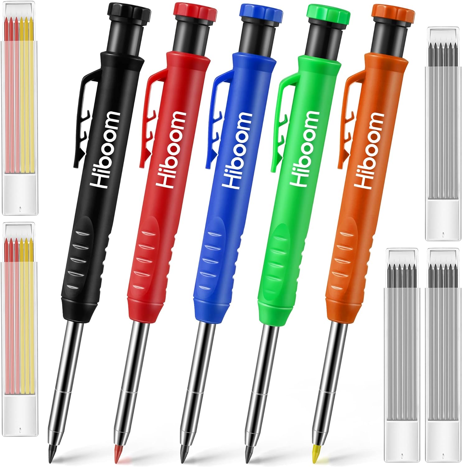 Hiboom 5 Pcs Mechanical Carpenter Pencil, 30 Pcs Refills Needle Nose Tip Hole Marker with Built in Sharpener, Scribe Making Tools for Woodworking, Design Patent(Orange, Red, Green, Blue, Black)