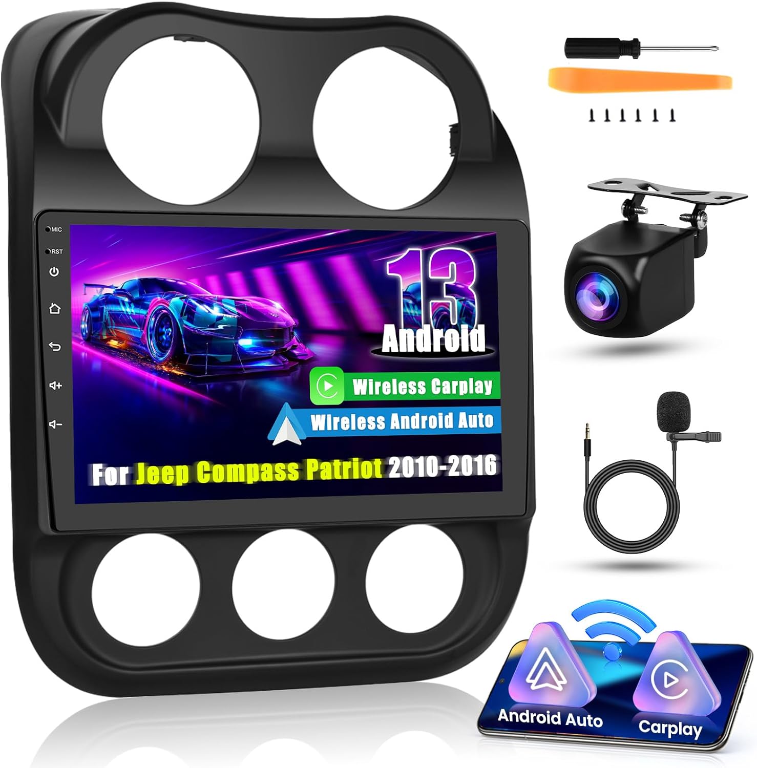 Android 13 Car Stereo for Jeep Compass Patriot 2010-2016, 10.1 inch with Wireless Apple Carplay Android Auto, GPS Navigation, WiFi, HiFi, Bluetooth, FM, SWC, Jeep Compass Radio with Mic, Backup Cam