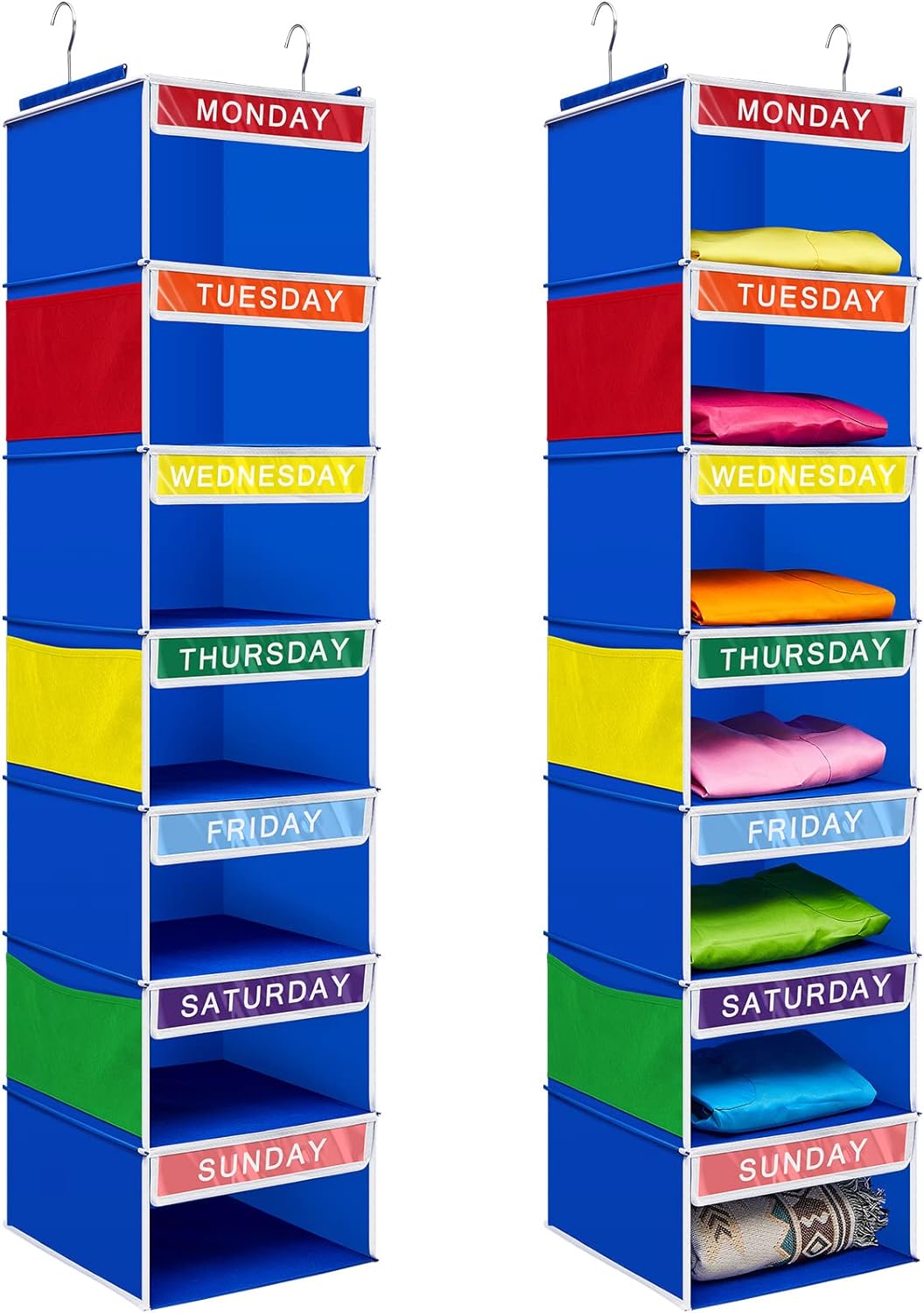 Amylove 2 Pcs 7 Shelf Weekly Hanging Closet Organizer 11.8 x 11.8 x 50 Inches Daily Activity Kids Clothes Storage Organizer Drawers Kids Hanging Cube Organizer Drawers Closet Hanging Shelves (Blue)