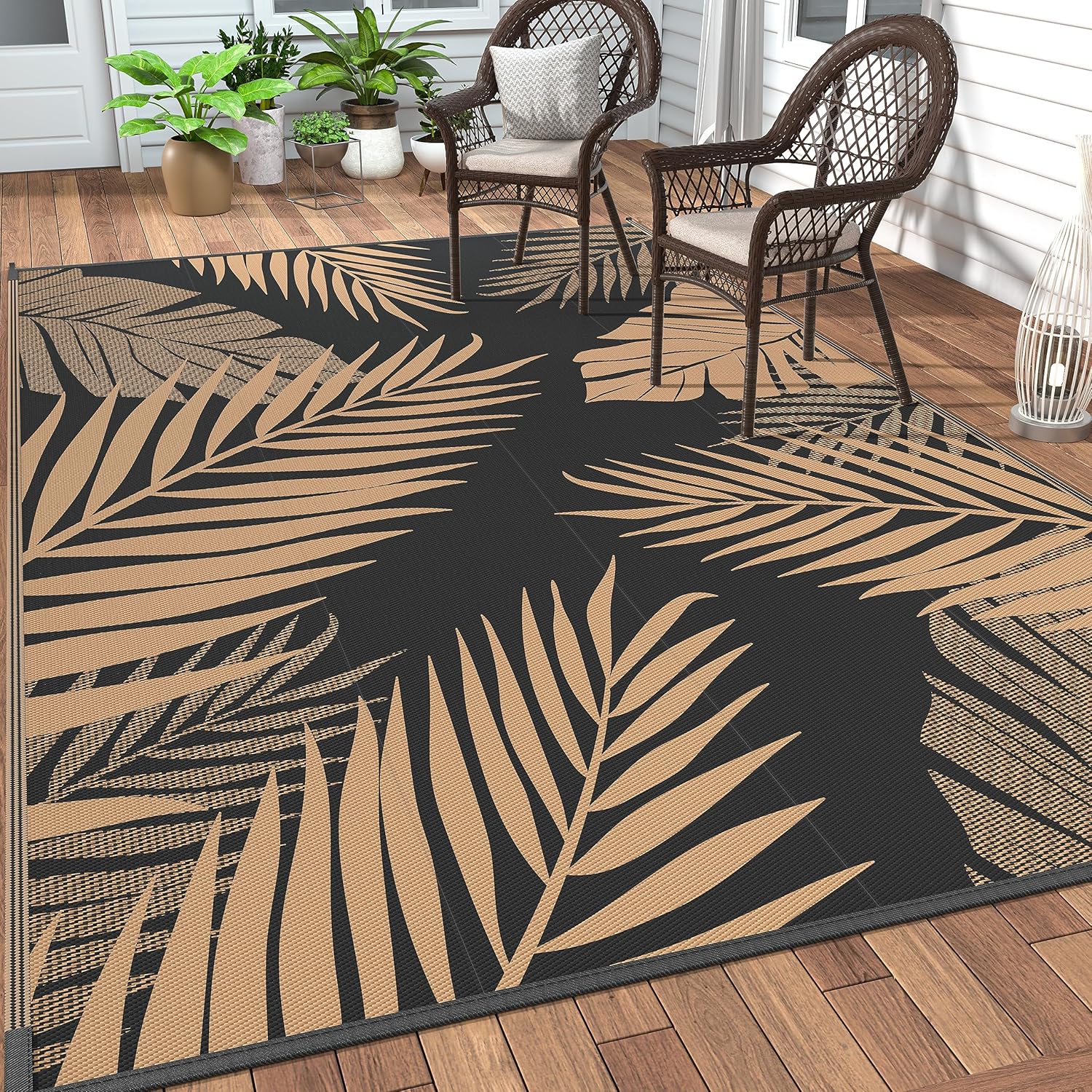 GENIMO Outdoor Rug 5' x 8' Waterproof for Patios Clearance, Reversible Outdoor Plastic Straw Camping Rug Carpet, Large Area Rugs Mats for RV, Picnic, Backyard, Deck, Balcony, Porch, Beach, Black&Brown