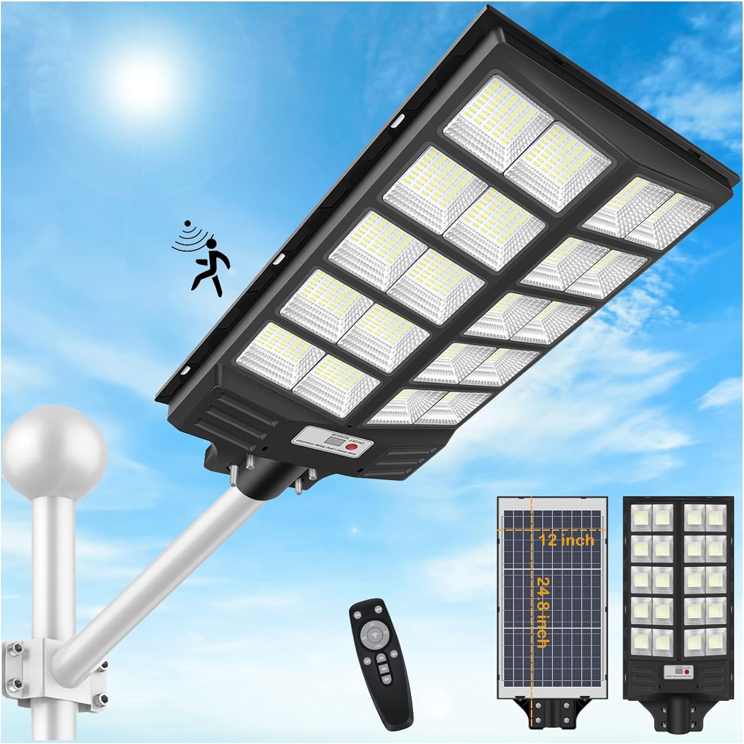 INSDEA 3800W Solar Lights for Outside, Dusk to Dawn LED Solar Street Light Motion Sensor, 8000K Solar Flood Lights Outdoor Waterproof, Solar Security Lights for Garden Yard Path Parking Lot