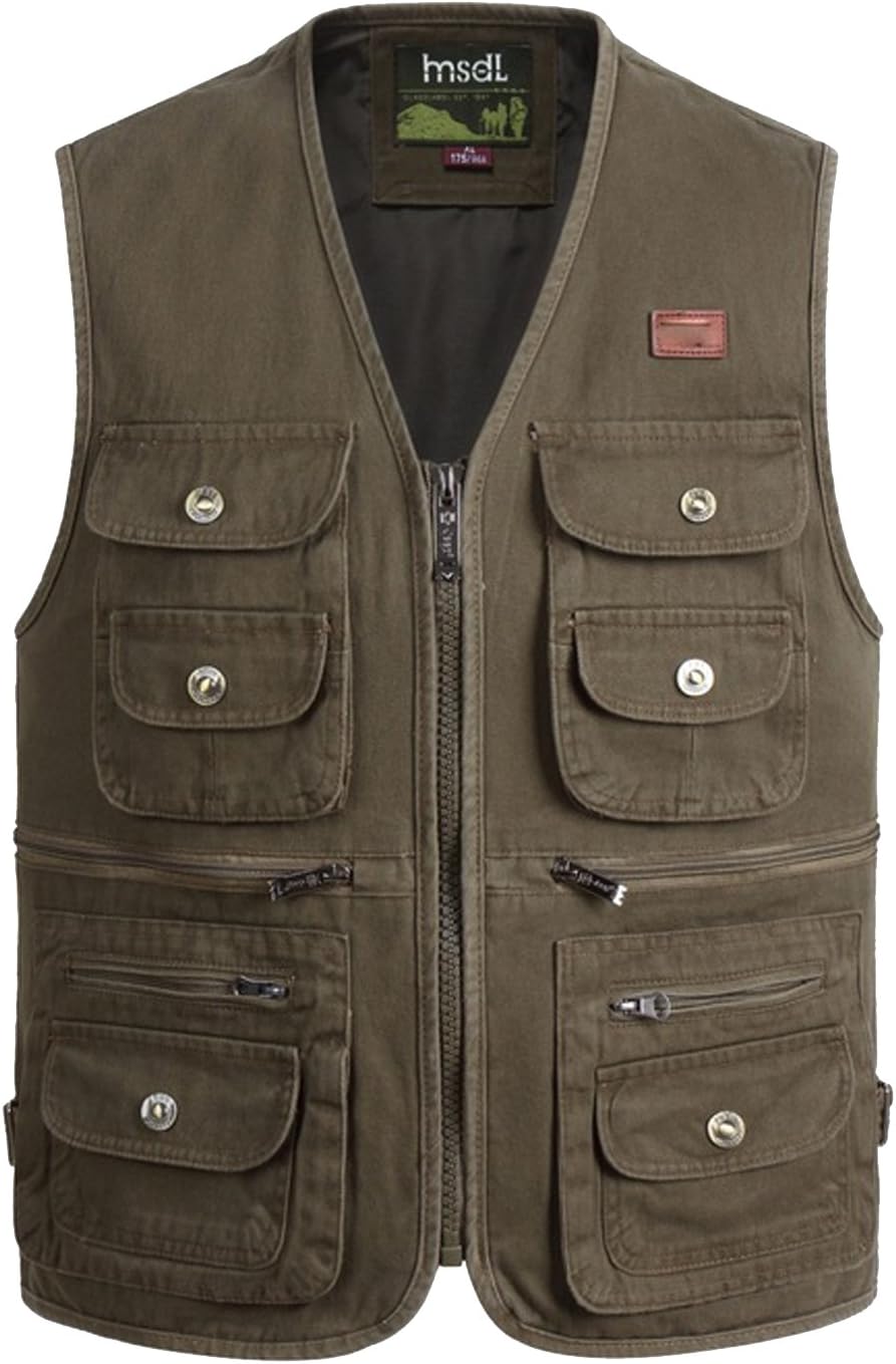 Flygo Men' 100% Cotton Outdoor Multiple Pockets Safari Fishing Journalist Vest Waistcoat (Large, Army Green)