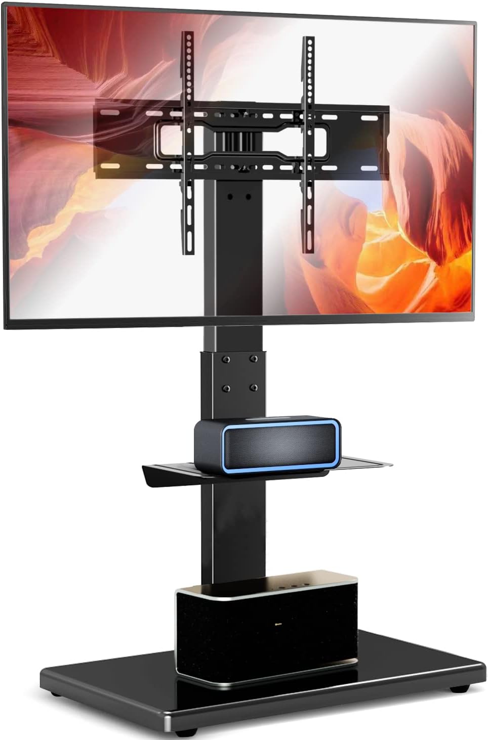 YOMT Floor TV Stand with Mount Wood Base Tall Corner TV Stand for Most 32-75 Inch TVs up to 110 lbs, Swivel TV Mount Stand with Adjustable Shelf for Bedroom and Living Room, Black