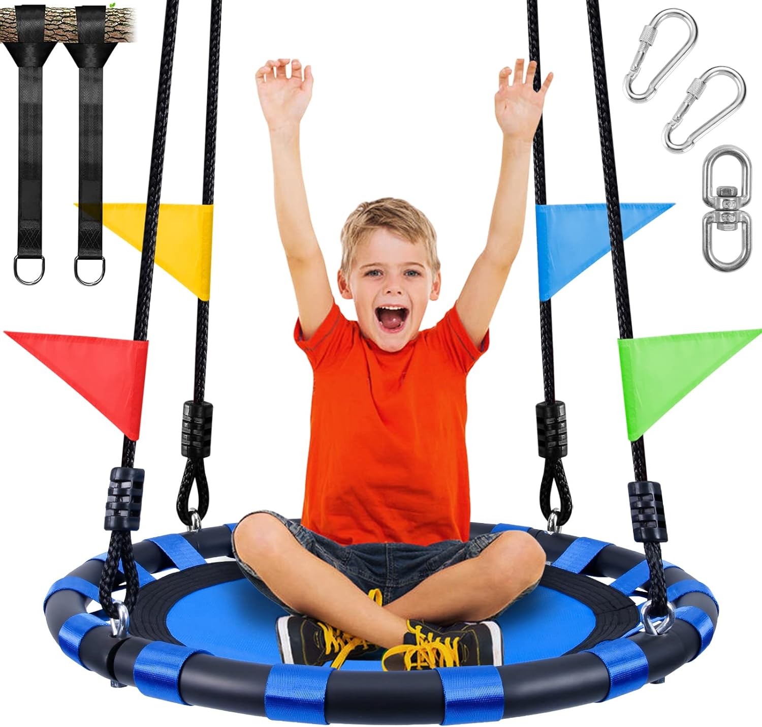 Odoland 24 inch Kids Tree Swing, Outdoor Small Saucer Swing - 900D Waterproof Oxford Swing, Backyard Round Flying Swing with Adjustable Hanging Ropes Hanging Straps and Turnbuckle Blue