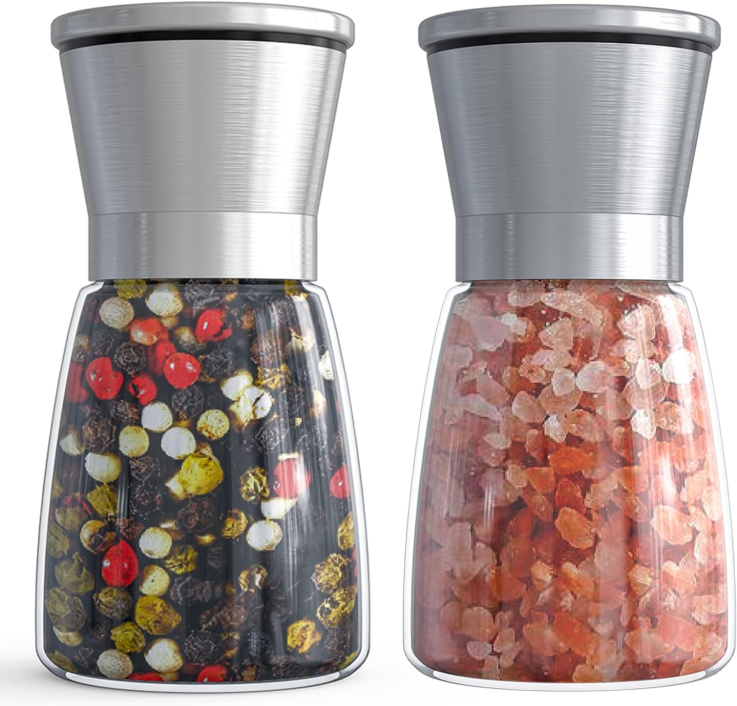 Salt and Pepper Grinder Set - Refillable Grinder Adjustable Coarseness of Pepper Salt Spice Stainless Steel Mills Glass 6oz��2 Pack��