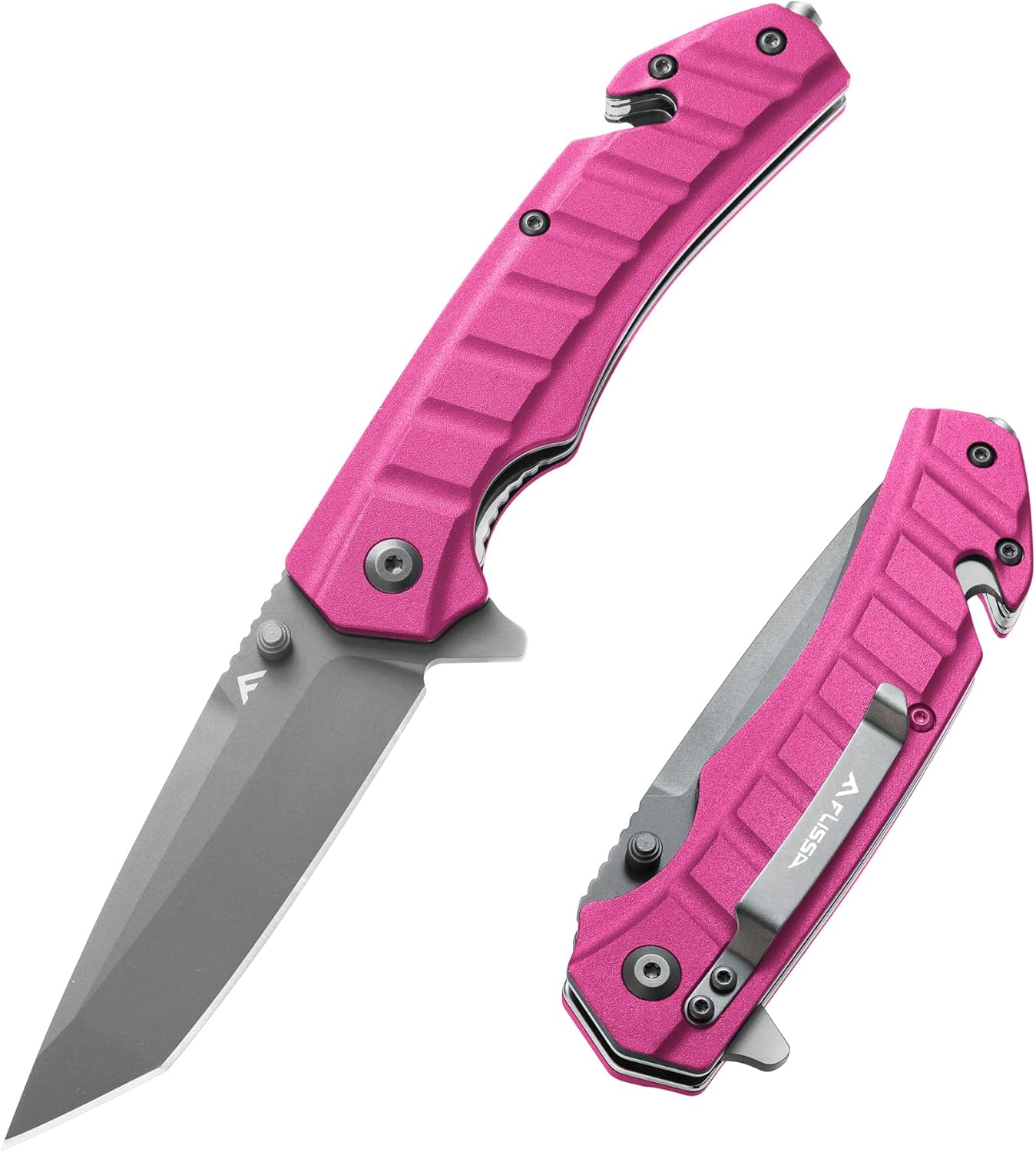 FLISSA Folding Pocket Knife, Tactical Knife with Liner Lock, Tanto Blade, Pocket Clip, Glass Breaker, Seatbelt Cutter, Perfect for Hunting, Camping, Survival (Pink)