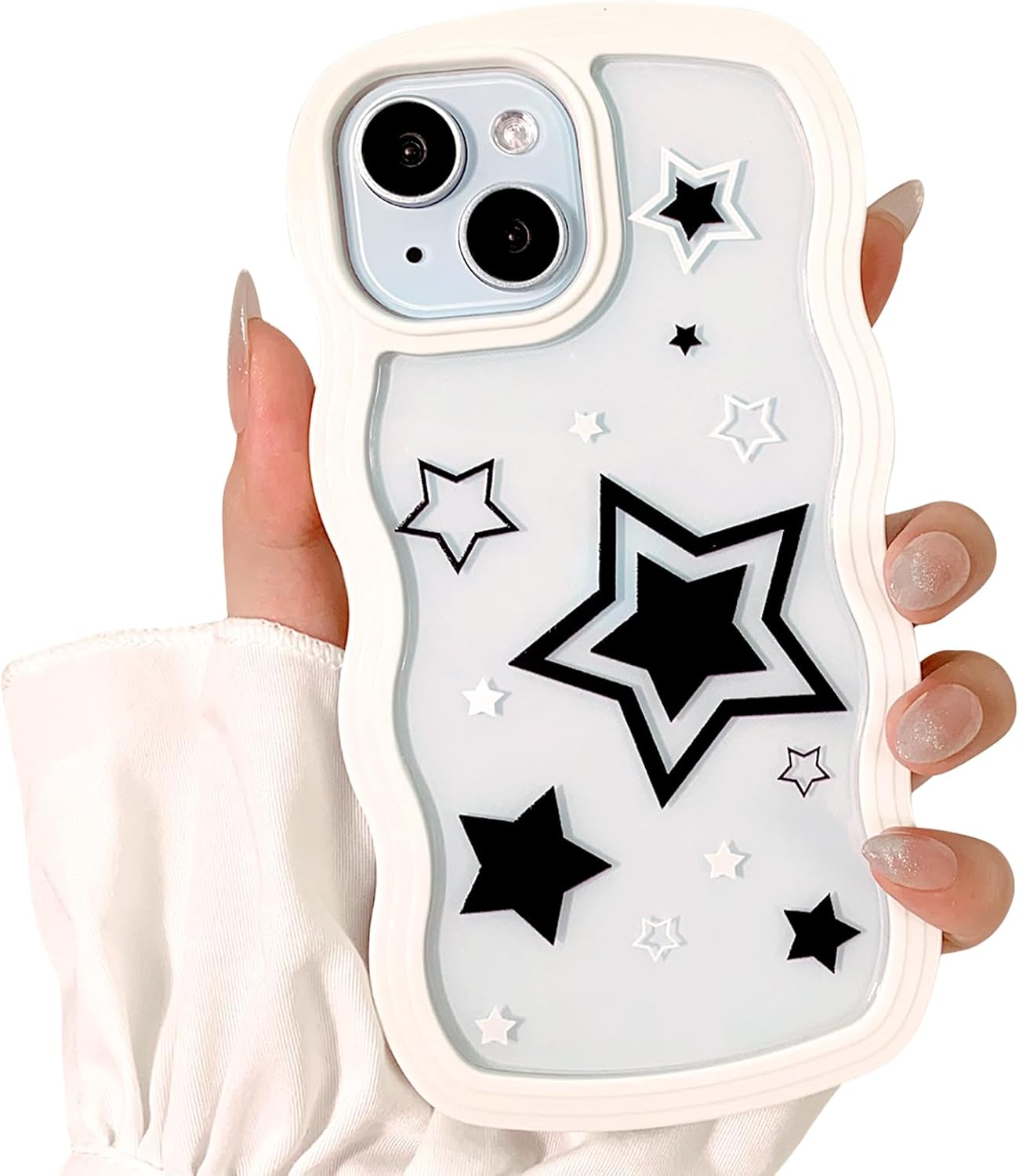 NITITOP Compatible for iPhone 13/ iPhone 14 Case Cute Curly Wave Wavy Frame Shape Shockproof Soft TPU 2 in 1 Star Phone Cover for Women Girl-Black Star