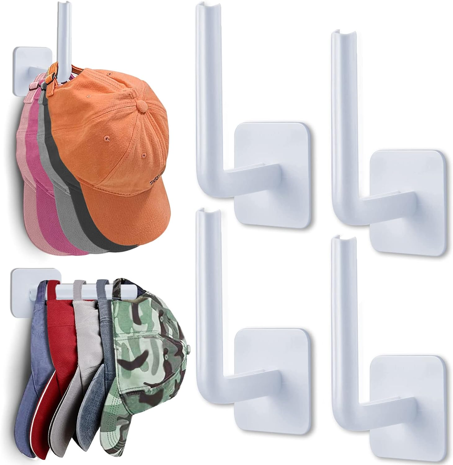 Hat Rack for Wall Hat Organizer (4-Pack), Hat Racks for Baseball Caps, Adhesive Hat Hooks for Wall, No Drilling Hat Hangers for Closet Cowboy Hat Holder Display, Hat Storage