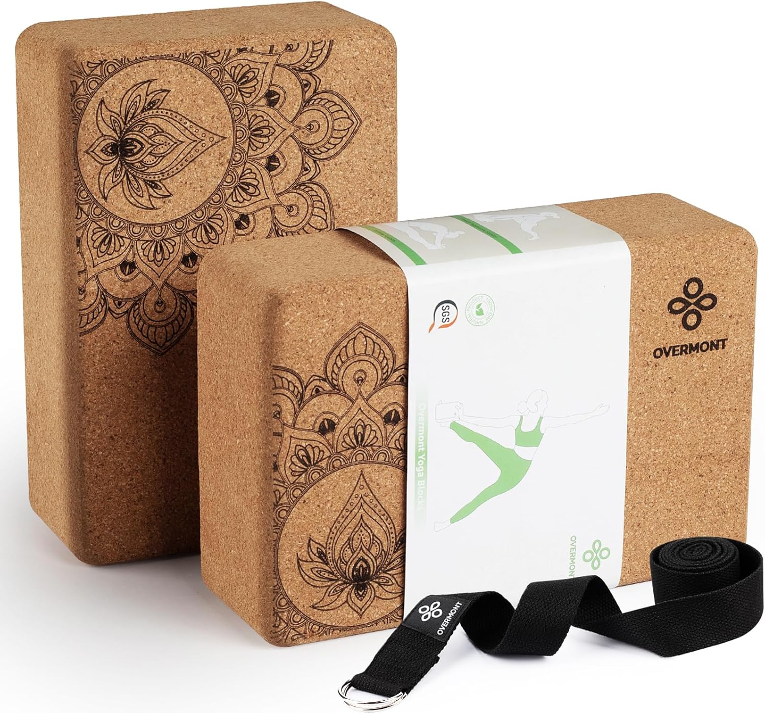 Overmont Cork Yoga Blocks 2 pack with 8ft Strap Set Natural Cork Yoga Bricks- High Density & Eco Friendly Yoga Accessories for Women - Ideal for Yoga Pilates General Fitness and Stretching 9x6x3''