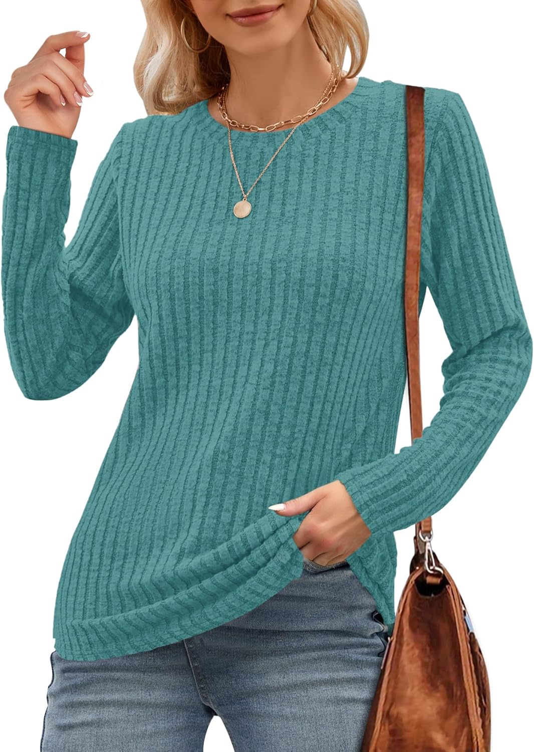 WNEEDU Long Sleeve Shirts for Women Round Neck Casual Lightweight Tunic Tops