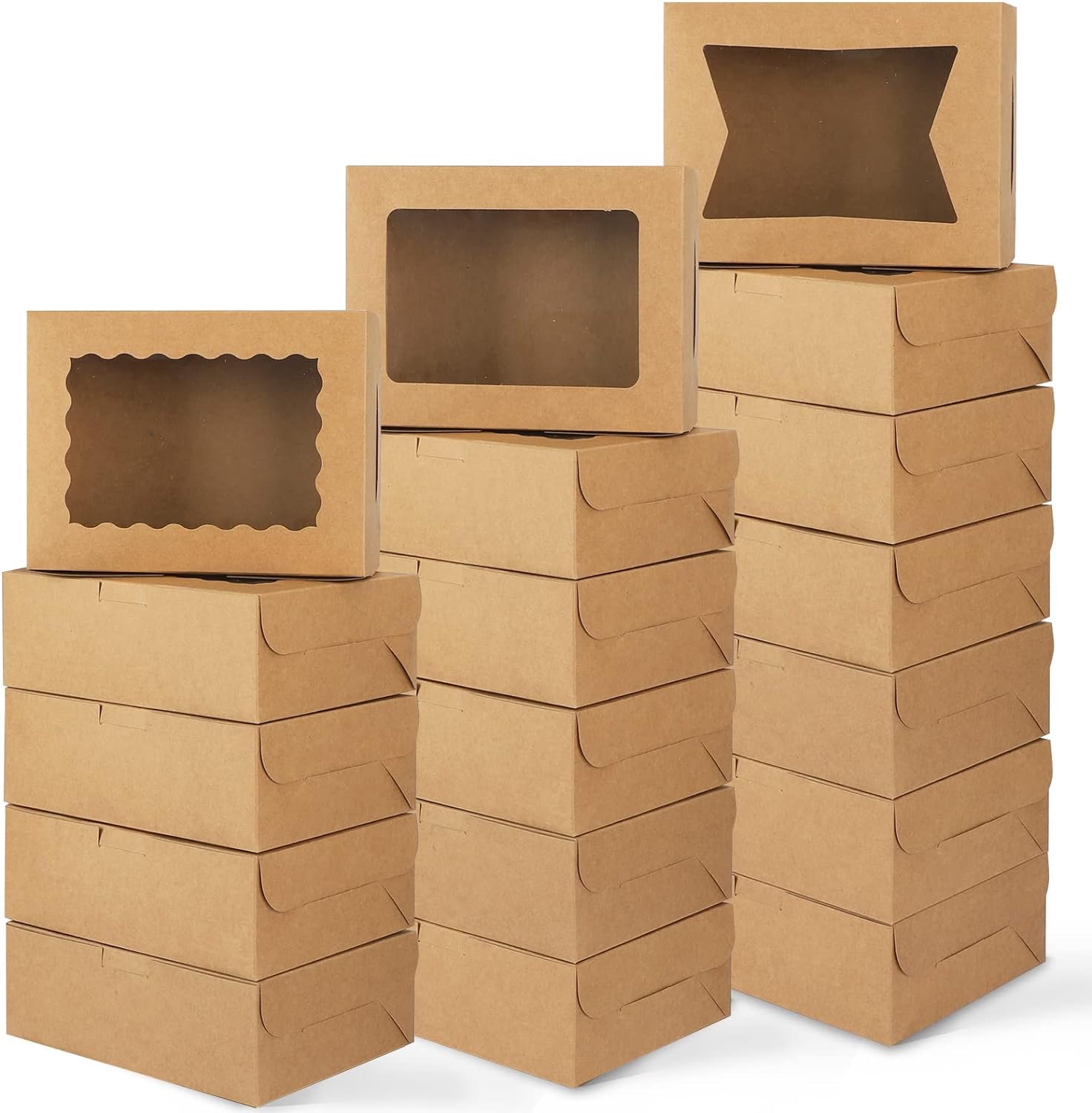 Moretoes 32pcs 8x6x2.5 Inch Cookie Boxes, Pastry Boxes with 3 Style Window, Brown Bakery Treat Boxes for Chocolate Covered Strawberries, Dessert, Donuts, Cupcakes, Muffins