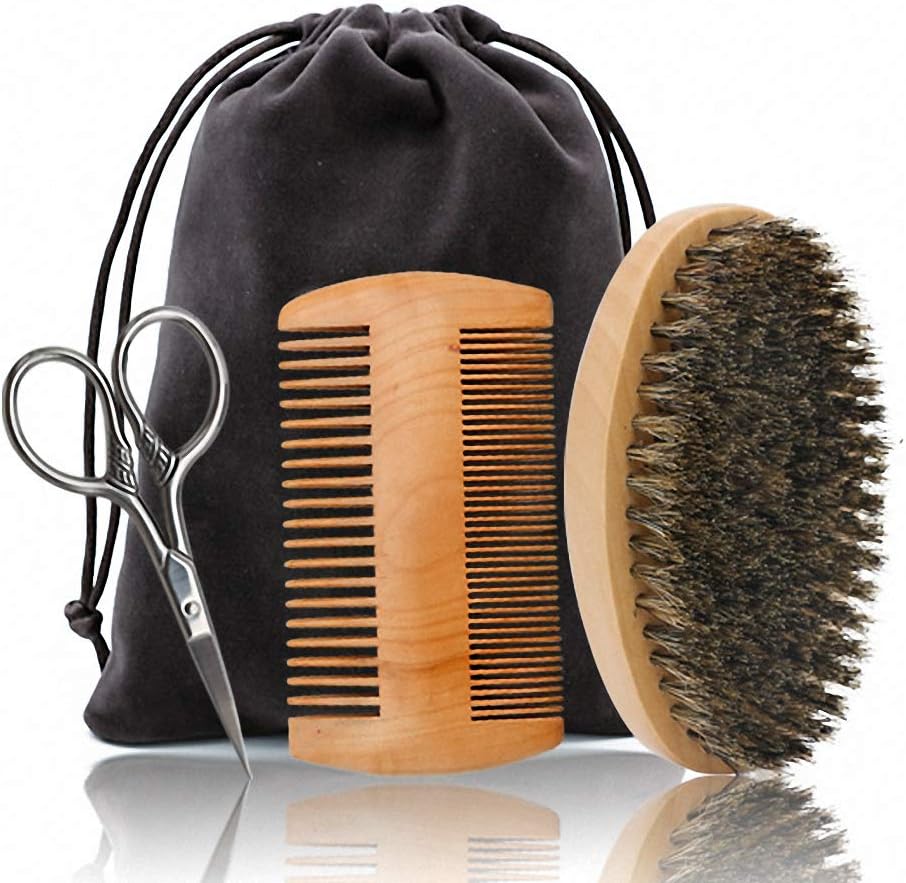 Hair Dough Beard Brush & Comb, Scissors Set for Men, Set Includes Soft Boar Bristle Brush, Bamboo Wide Tooth Comb, and Mustache Trimming Scissors, Straighten & Soften Your Beard