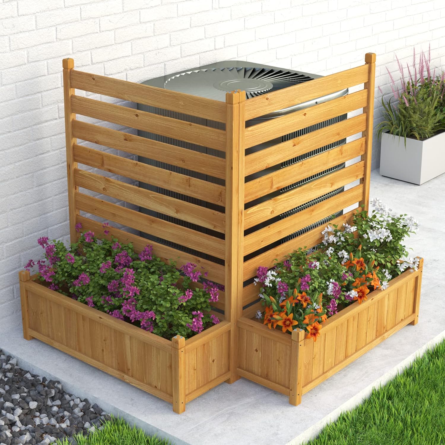 GDLF Air Conditioner Fence Outdoor Wood Privacy Screen with Planter Box for Trash Can Pool Equipment No-Dig Kit 36" W x 45" H 2 Panels