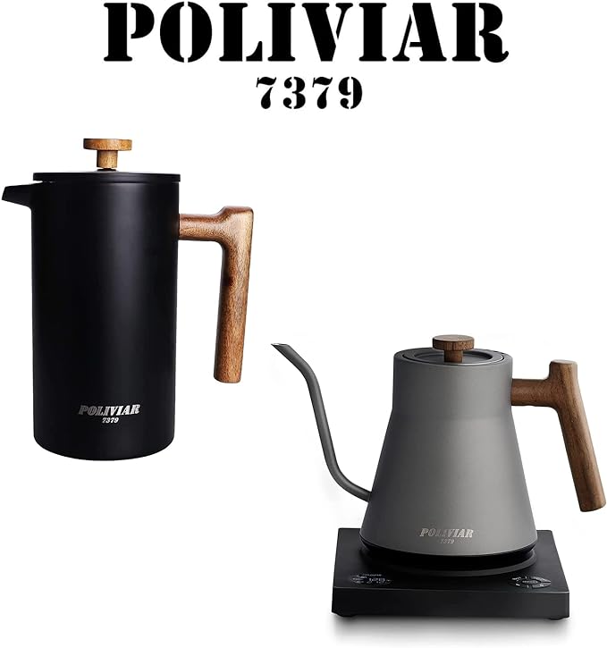 Poliviar 34 oz French Press Coffee Maker & Electric Gooseneck 34oz Pour Over Coffee Kettle Combo Package, Food Grade Stainless Steel for Good Coffee and Tea