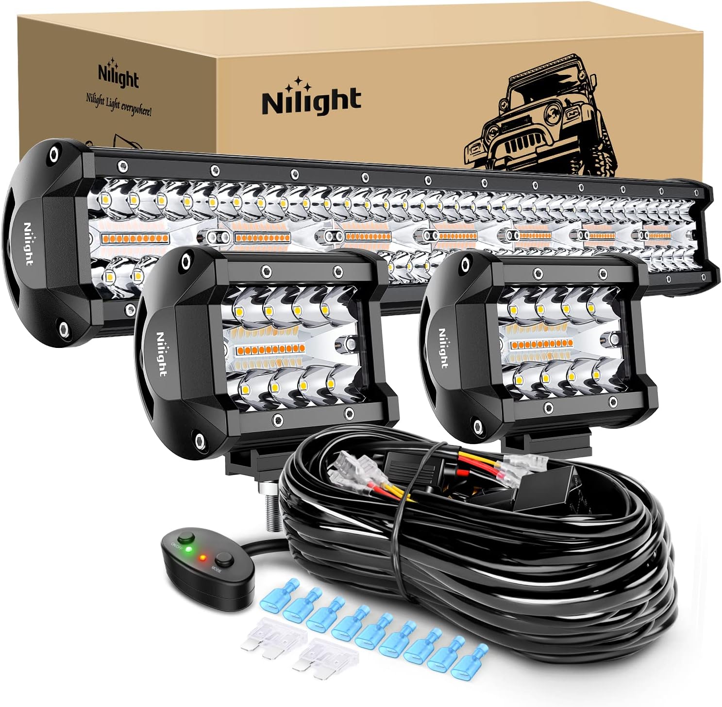 Nilight 20Inch 420W LED Light Bar 2PCS 4Inch 60W Light Pods Amber White Strobe 6 Modes Memory Function Reset Function Off Road Truck with 16AWG Wiring Harness Kit-3 Lead, 2 Years Warranty