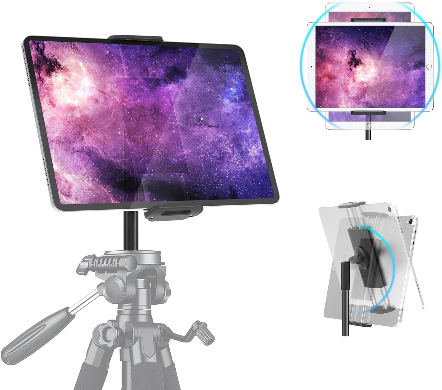 elitehood Newest Aluminum iPad Tripod Mount, 360° Tilt Rotation iPad Holder for Tripod, Tablet Tripod Mount for iPad Pro 12.9, iPad Air Mini, for 1/4 Screw Tripod, Camera Tripod, 3/8 Mic Stand