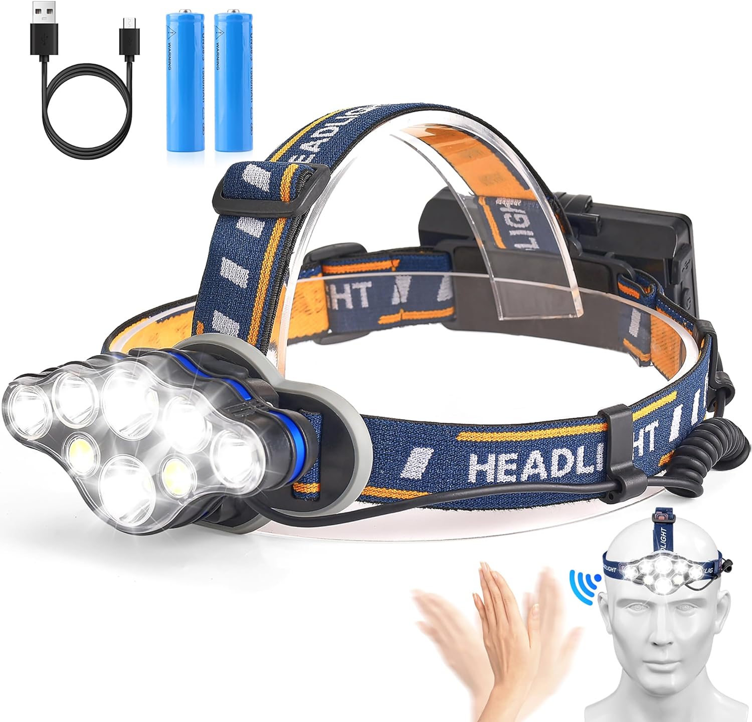 Rechargeable Headlamp 8 Led Head Lamp 18000 Lumen Ultra-Bright, 16 Modes Adjustable Motion Sensor Headlight with Red Light, Waterproof Head Flashlight for Outdoor Hiking Camping