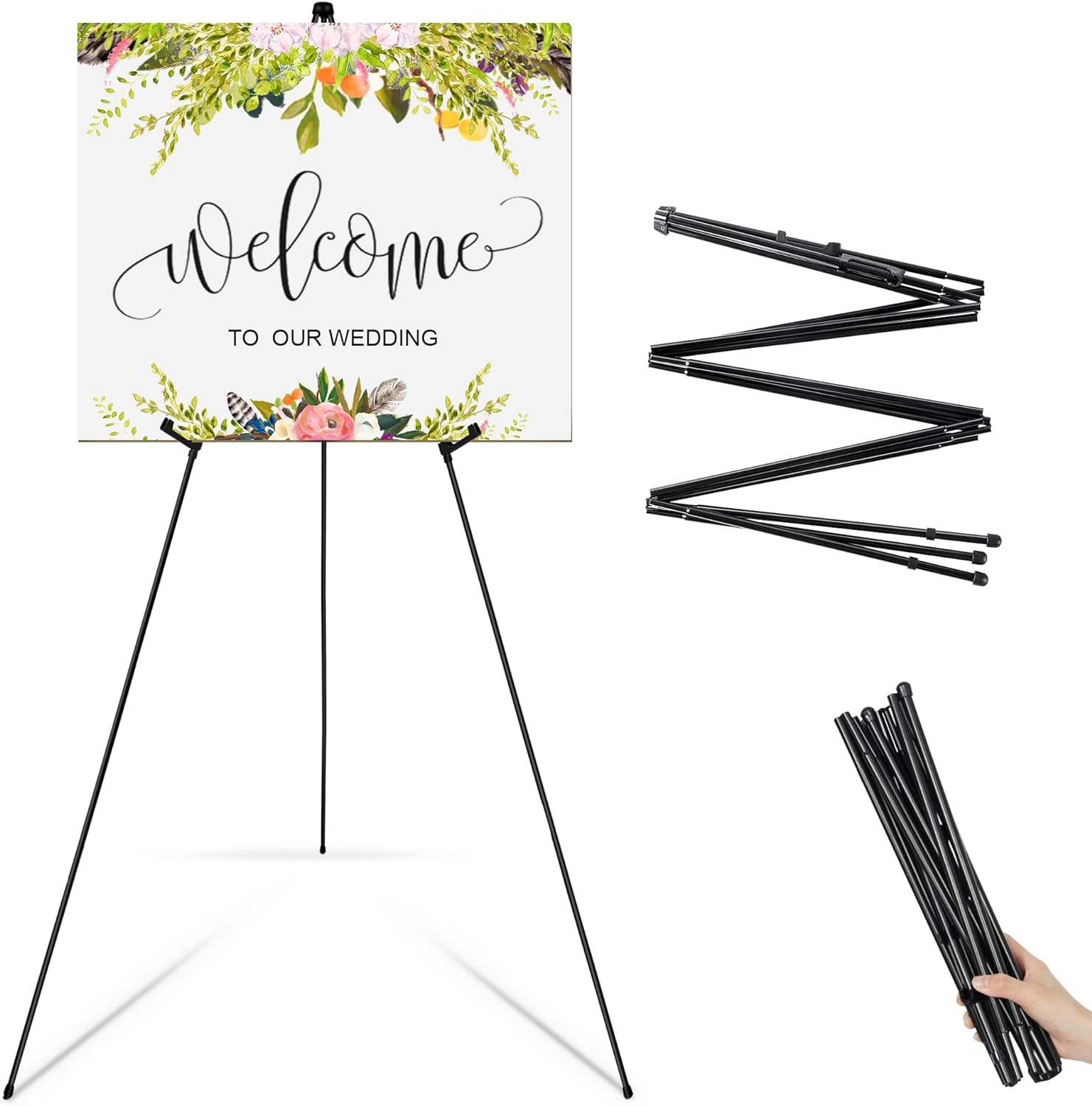 Falling in Art Display Easel Stand, 63 Instant Adjustable Poster Easel, Easy Folding Portable Tripod Stand for Signs, Posters, Wedding, Holds 5 lbs