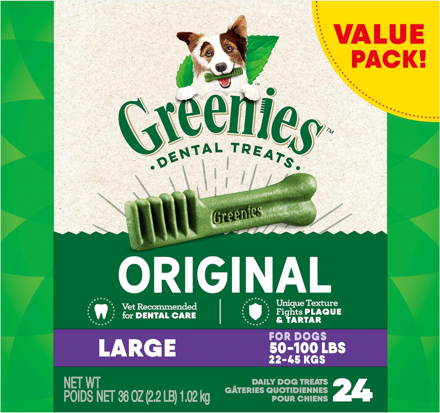 Greenies Original Large Natural Dental Care Dog Treats, 36 oz. Pack (24 Treats)