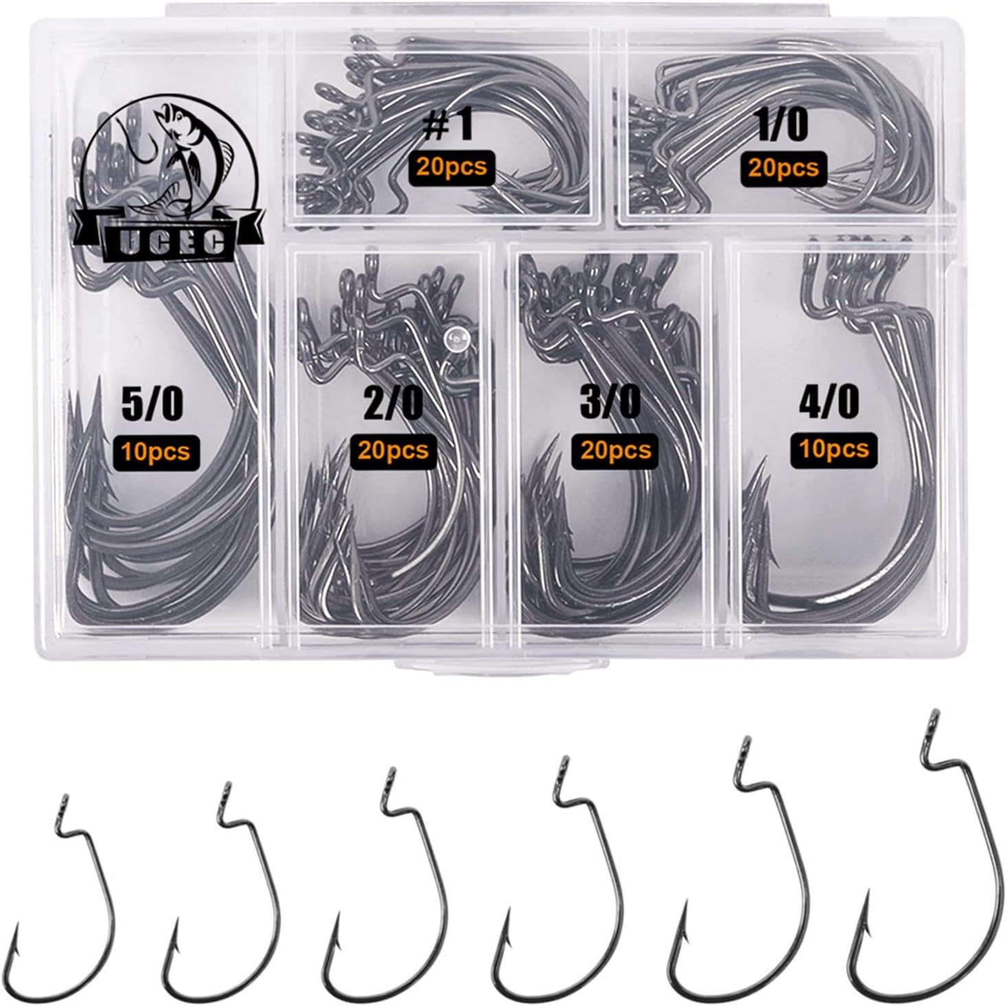 UCEC Fishing Hooks, 140PCS/ 100PCS/ 60PCS EWG Offset Worm Hooks Bass Hooks Wide Gap 2X Strong Senko Bait Texas Rig Jig Fish Hooks for Bass Trout Saltwater Freshwater Size:#4#2#1 1/0 2/0 3/0 4/0 5/0