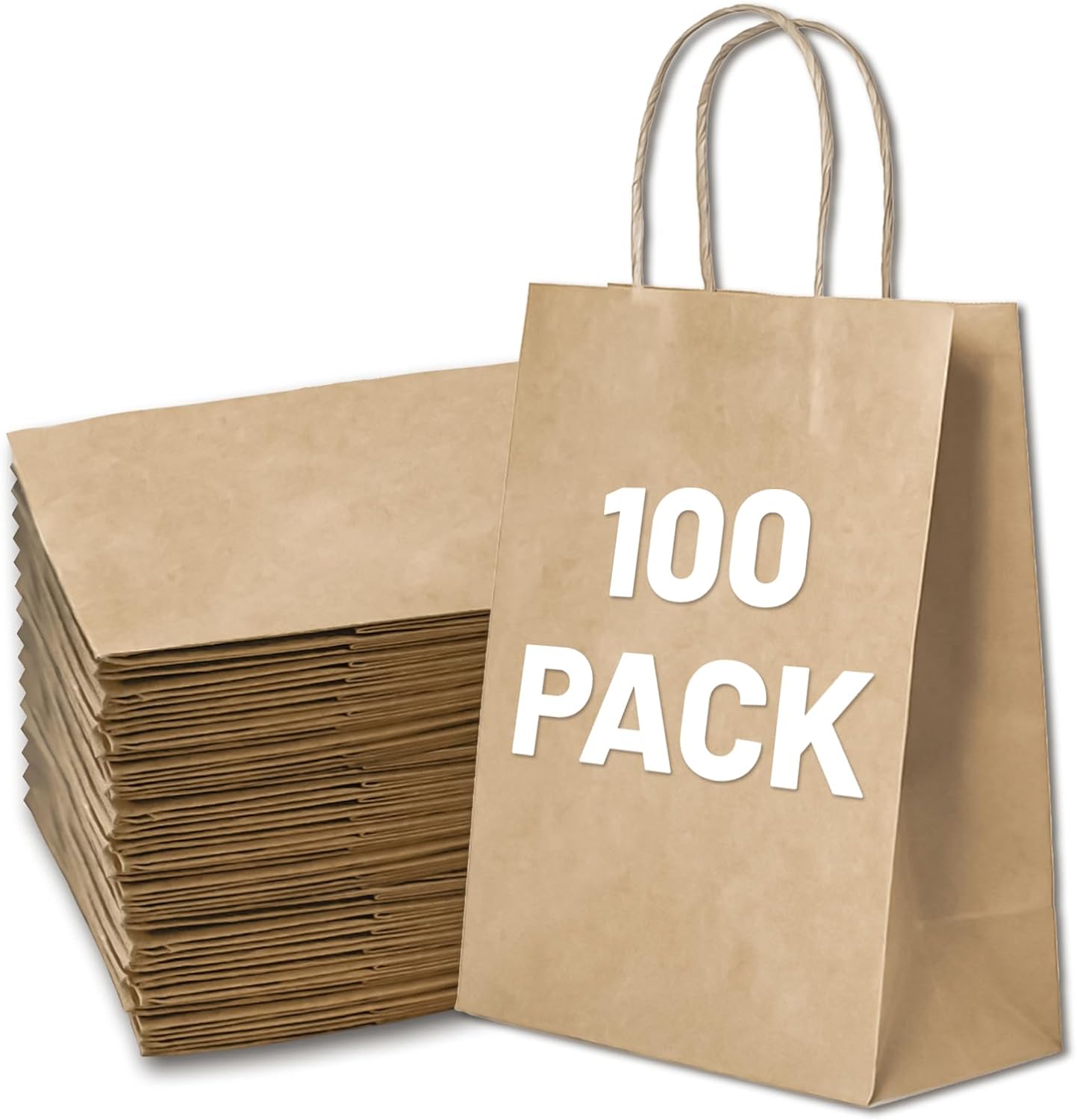 Gift Bags 8.25"X5.9 "X3.15" 100pcs Brown Paper Bags with Handles,Kraft Paper Bags for Small Business Christmas Bulk Bags, Wedding Party Favor Bags,Shopping Lunch Bags, Halloween Trick-or-Treat (Brown)