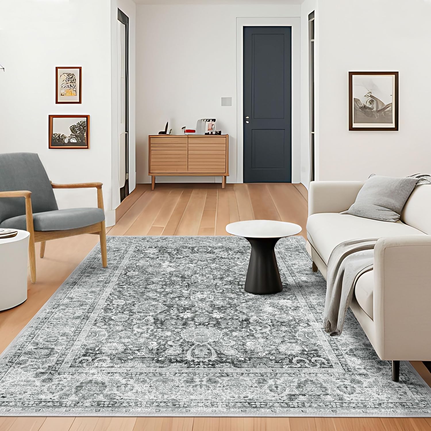 Area Rugs 5x7 Rug Grey Area Rugs for Living Room, Washable Soft Faux Wool Bedroom Dining Room Rug, Low-Pile Distressed Carpet Print Floor Rug