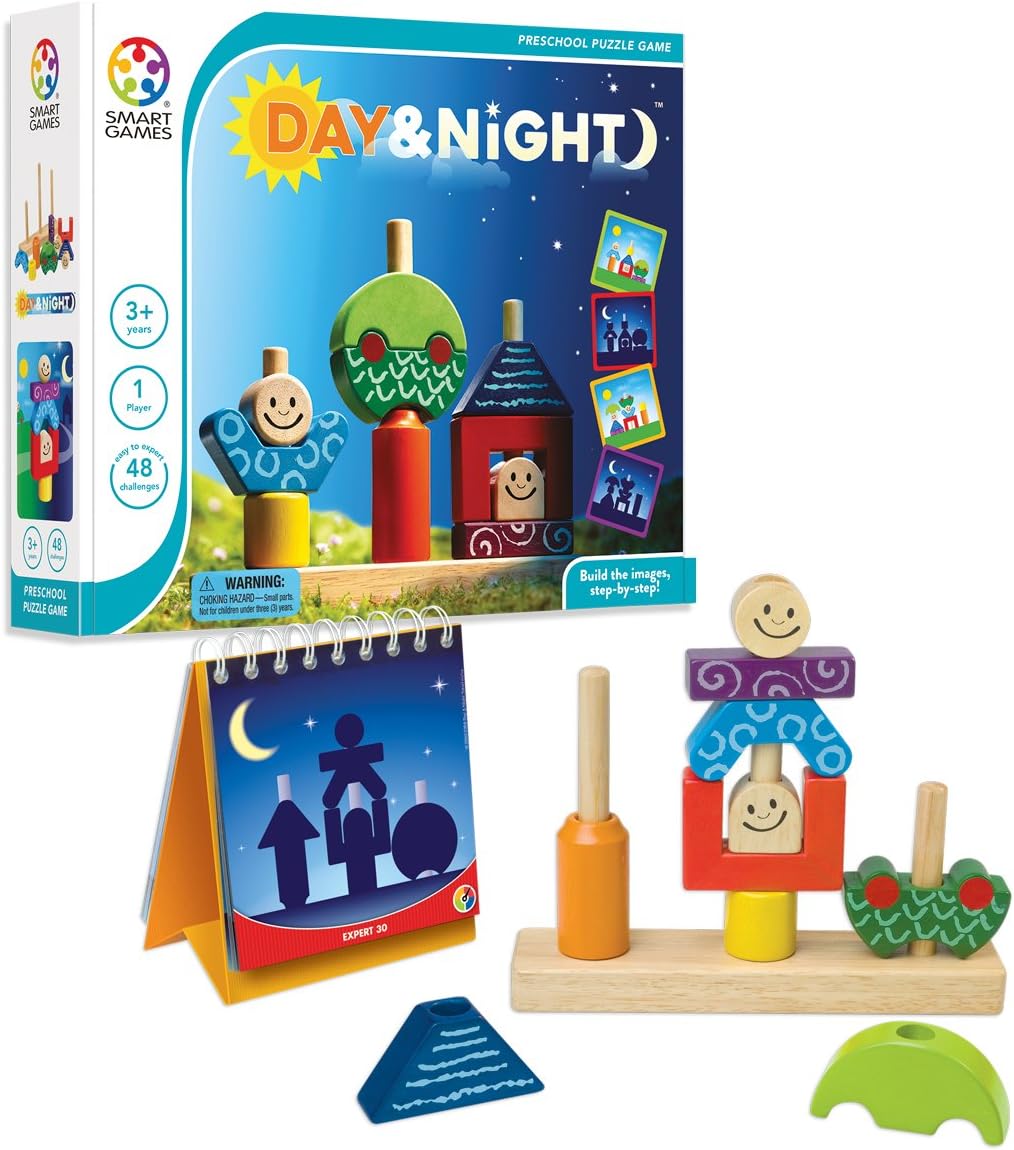 SmartGames Day & Night Wooden Cognitive Skill-Building Puzzle Game Featuring 48 Playful Challenges for Ages 2 