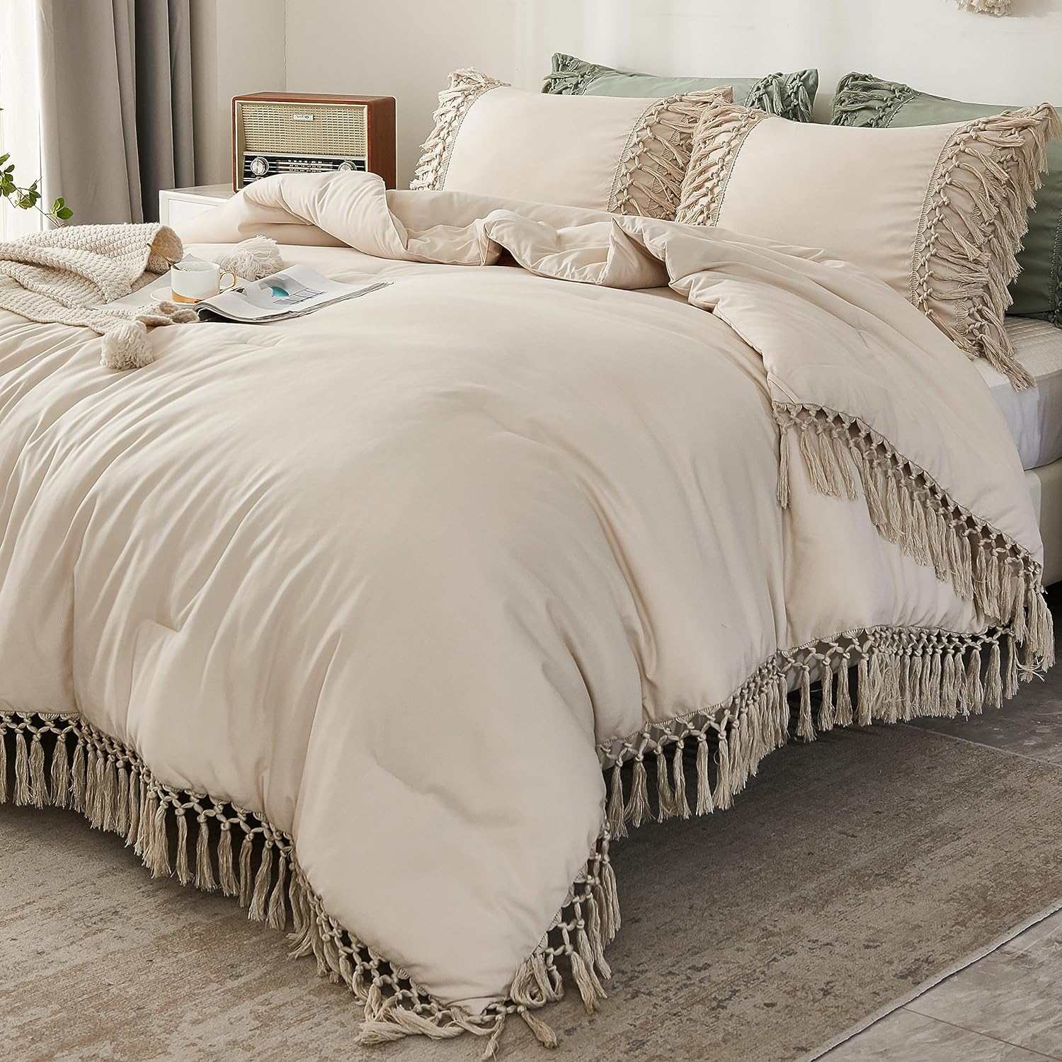 Andency Full Size Comforter Sets Beige, 3 Pieces Boho Bed Comforter Full, Lightweight Tassel Bedding Comforter Set, All Season Bed Set (79x90In Comforter & 2 Pillowcases)