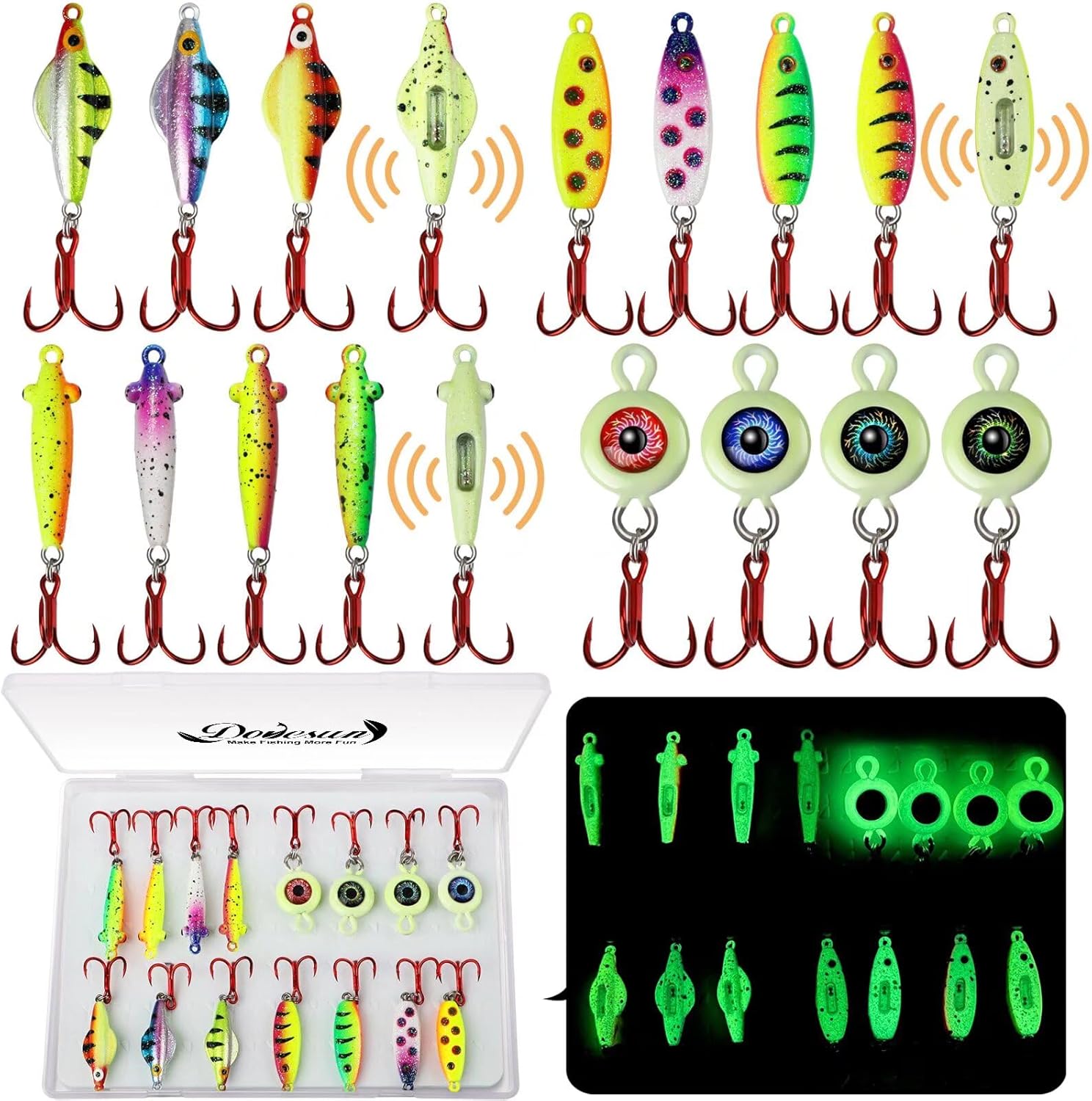 Dovesun Ice Fishing Jigs Ice Fishing Lures Kit Rattling Glow Ice Fishing Spoons for Bass Crappie Panfish Mens Fishing Gifts 15PCS/4PCS/3PCS