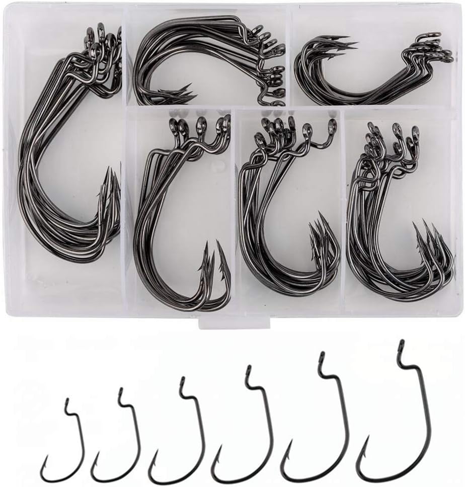 60pcs Offset Worm Hook High Carbon Steel Wide Gap Bait Jig Fish Hooks with Plastic Box #1-5/0