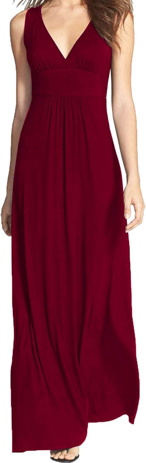 WOOSEA Women Sleeveless Deep V Neck Loose Plain Long Maxi Casual Dress