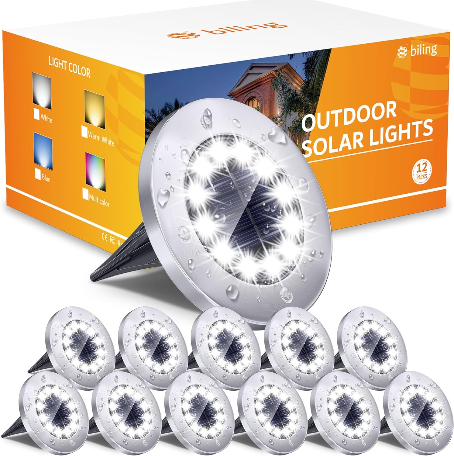 Biling Solar Outdoor Lights 12 Pack, Bright 12 LEDs Solar Ground Lights Waterproof, Flat Pathway Lights Solar Powered for Yard Walkway Garden Driveway (White)