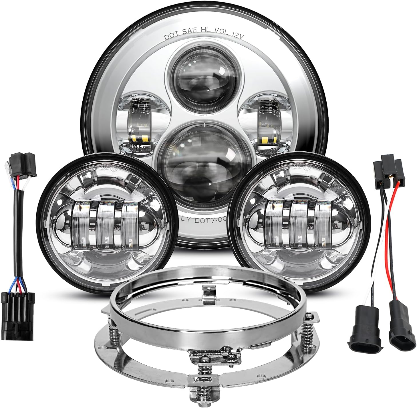 Dot Appoved Chrome 7inch LED Headlight+4.5inch Matching Passing Lamps+Adapter Ring Compatible with Touring Road King Ultra Classic Electra Street Glide Tri Cvo Heritage Softail Slim Deluxe Fatboy