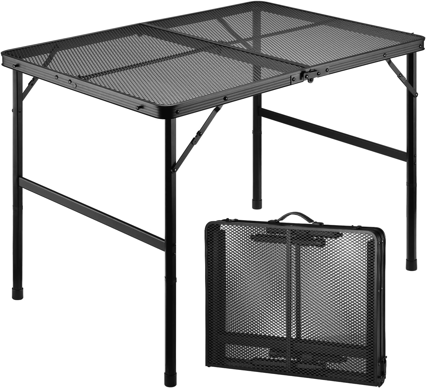 Camping Table, 3 ft Folding Grill Table with Mesh Desktop, Anti-Slip Feet, Height Adjustable, Lightweight & Portable Aluminum Outdoor Table for Camping, Picnic, RV, BBQ