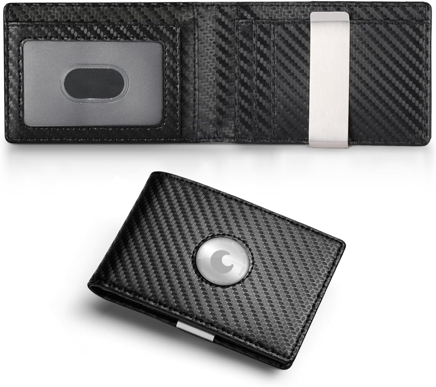 YESIIW AirTag Wallet for Men with Money Clip Mens Wallet Air Tag Wallets RFID Blocking Card Holder Bifold Leather Gifts for Him Men Dad Husband Carbon Fiber Black