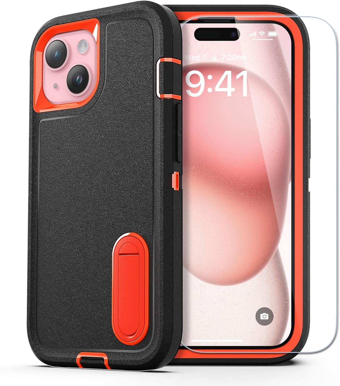 ULAK Compatible with iPhone 15 Case, Heavy Duty Shockproof Protection Hard Case with Built-in Kickstand Women Men Dust Proof Protective Phone Case for iPhone 15 6.1 inch, Orange/Black