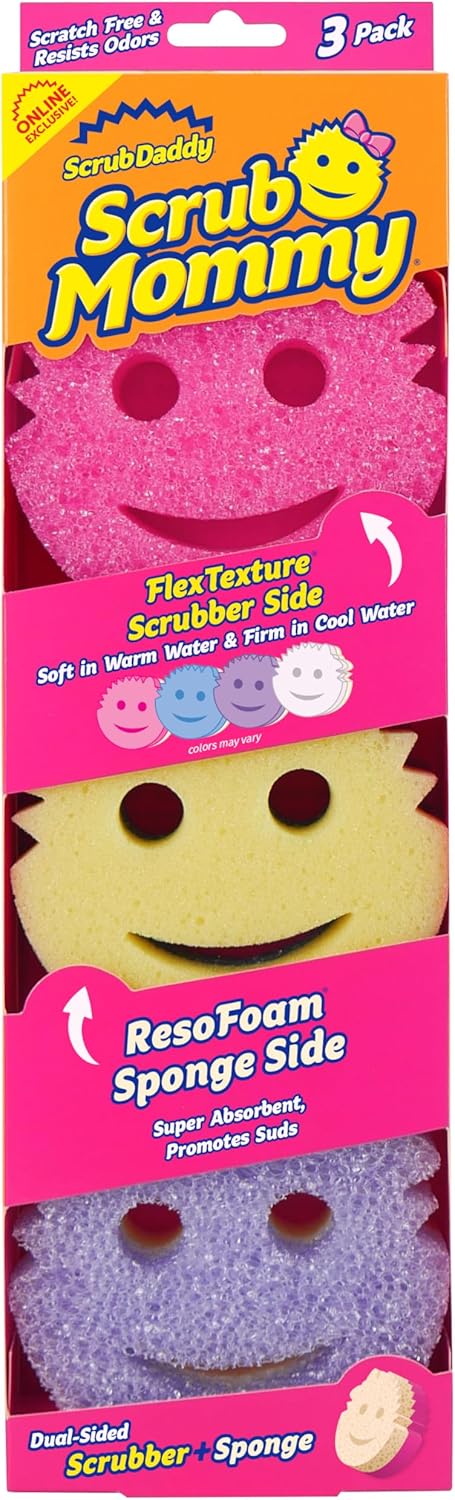 Scrub Daddy Scrub Mommy - Dish Scrubber + Non-Scratch Cleaning Sponges Kitchen, Bathroom + Multi-Surface Safe - Dual-Sided Dish Sponges for Scrubbing + Wiping Spills (3 Count) - Online Exclusive