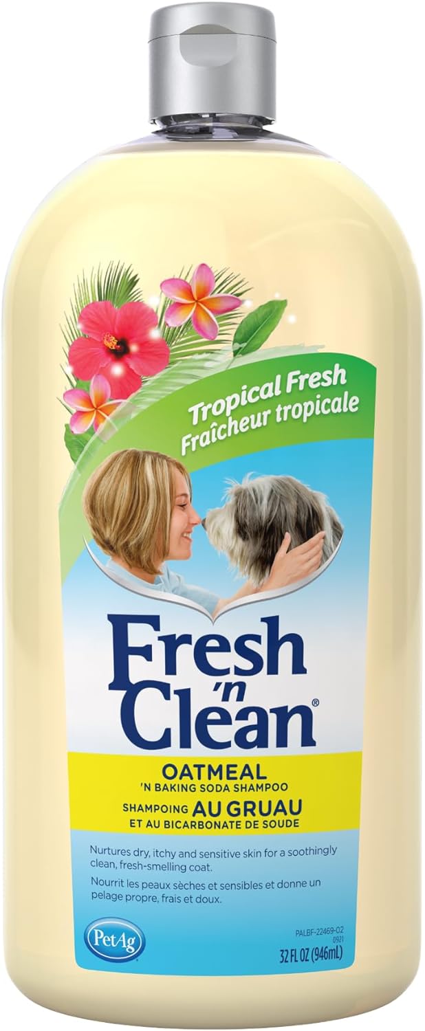 Pet-Ag Fresh n Clean Oatmeal n Baking Soda Shampoo - Tropical Fresh Scent - 32 oz - Nurtures Dry, Itchy & Sensitive Skin with Vitamin E & Aloe - Strengthens & Repairs Coats - Soap Free