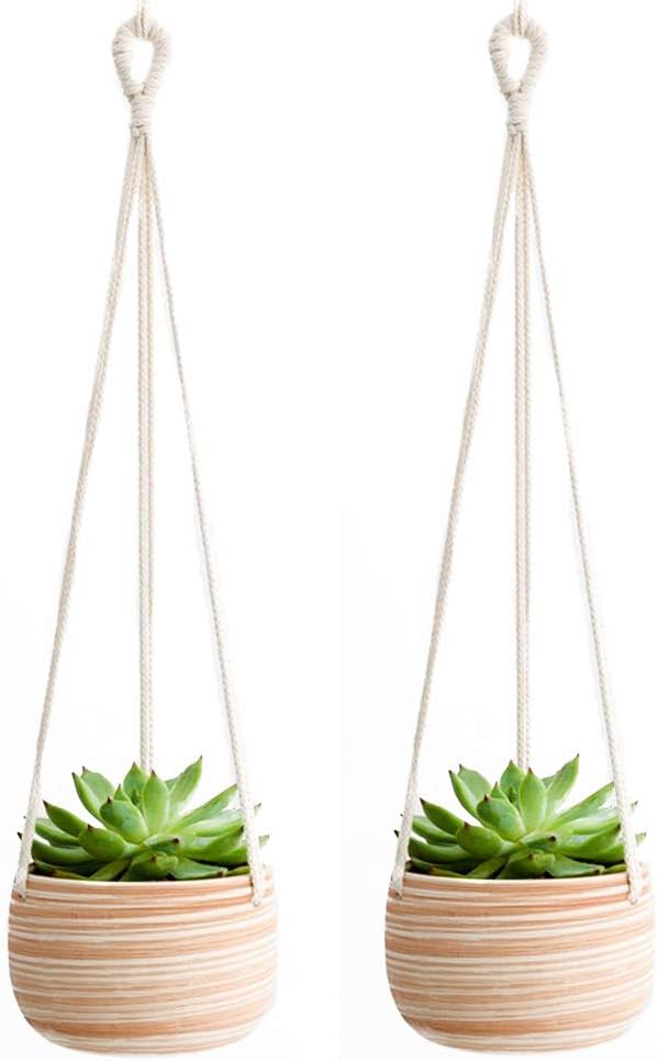 Mkono Ceramic Hanging Planter Macrame Plant Holder 5 Inch Cute Succulent Cactus Pot with Cotton Rope Hanger for Indoor Outdoor Decor, 2 Pack