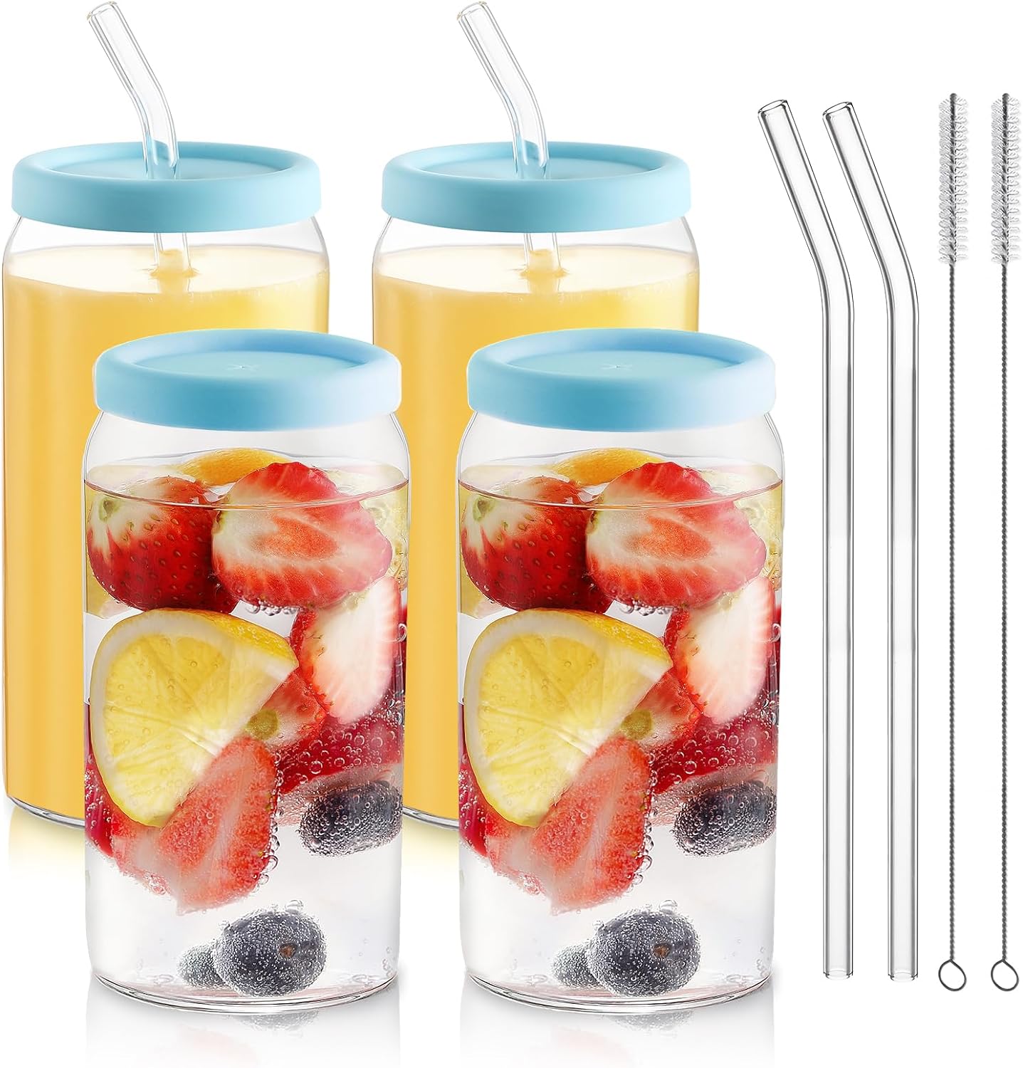 Glass Cups with Silicone Lids 4pcs Set, 20oz Can Shaped Glass Cups with Straws, Beer Glasses, Iced Coffee Cups, Cute Tumbler Cup with Cleaning Brushes, Ideal for Cocktail, Tea, Gift, Blue