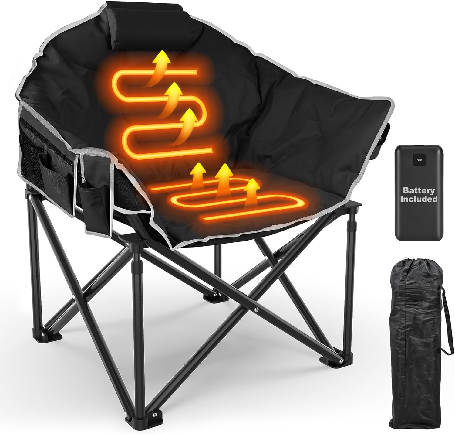 Slendor Oversized Heated Camping Chair with 20,000mAh Power Bank, 10S Quick Heated Chair Outdoor Sports, 3 Levels Adjustable Heated Camp Chairs with Storage Bag, Pillow, Folding Chairs, Black