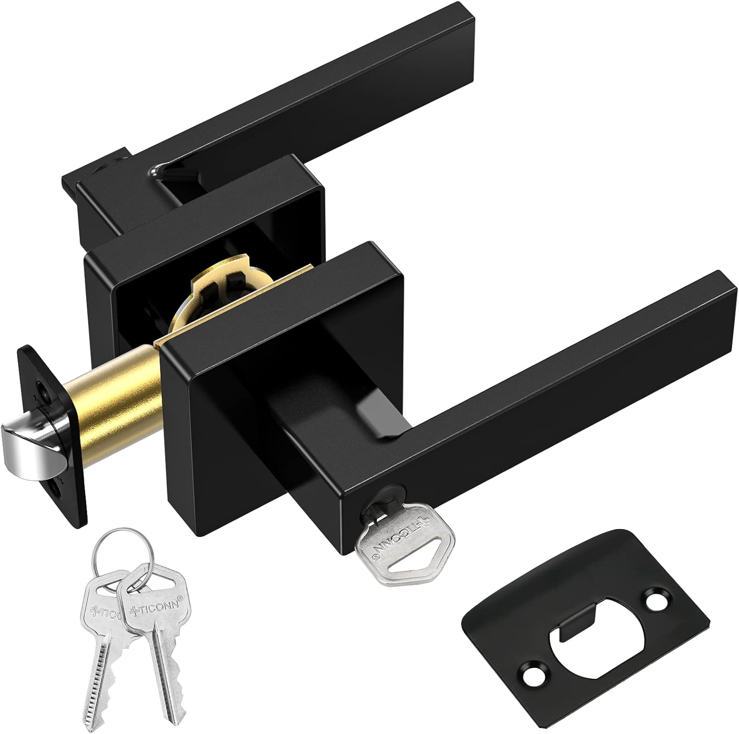 TICONN Door Handle Heavy Duty, Reversible Square Door Lever for Bedroom, Bathroom and Rooms (Black, Keyed Entry - Not Keyed Alike)