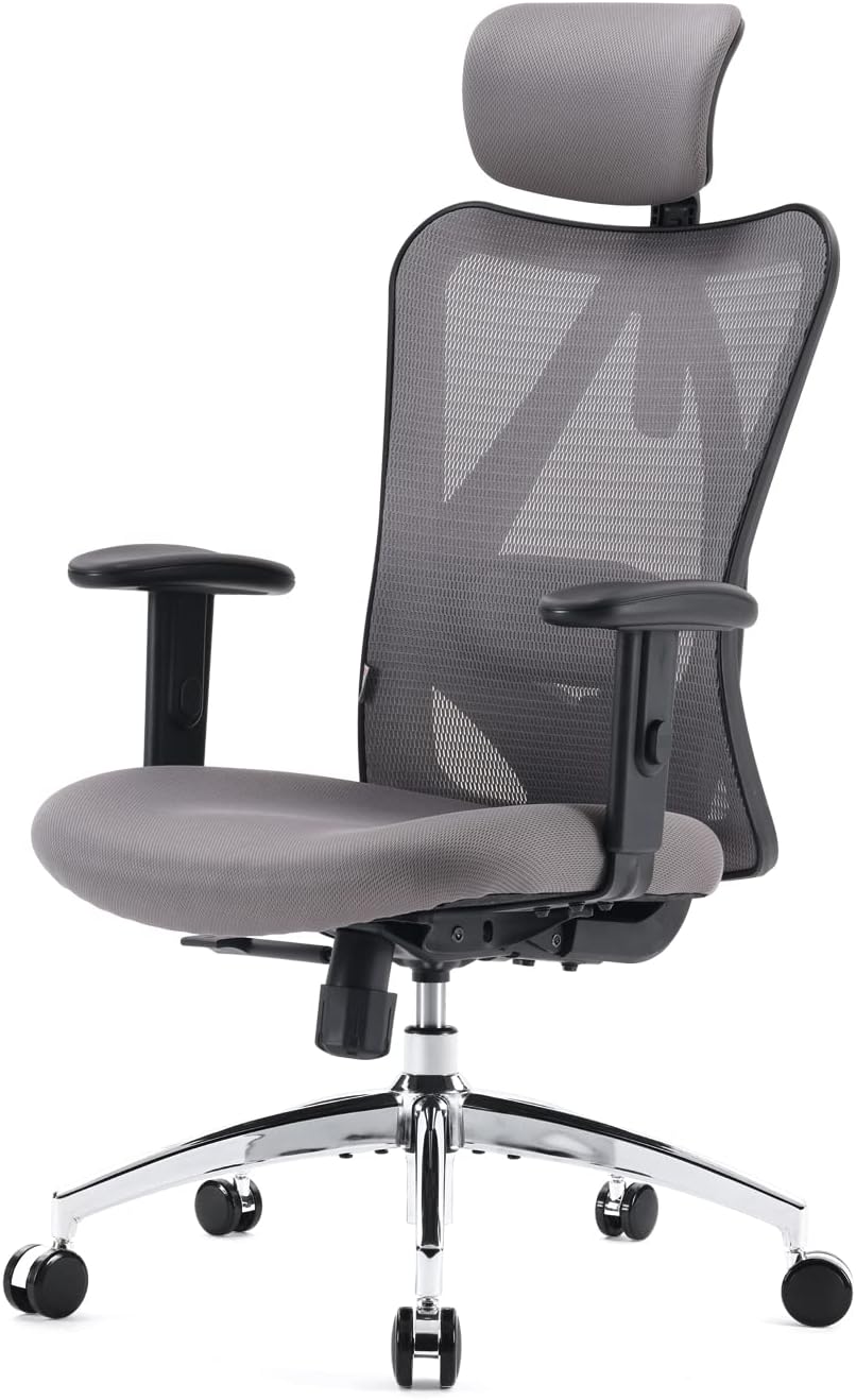 SIHOO M18 Ergonomic Office Chair for Big and Tall People Adjustable Headrest with 2D Armrest Lumbar Support and PU Wheels Swivel Tilt Function Grey