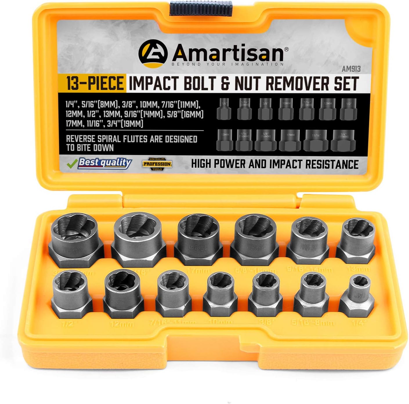 Amartisan Impact Bolt Extractor Tool, 13PC Bolt Nut Removal Extractor Socket Tool Set